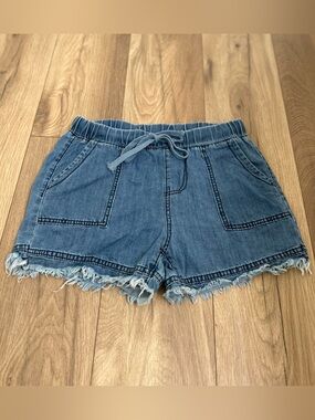 Women's Blue Denim Drawstring Frayed-Hem Shorts